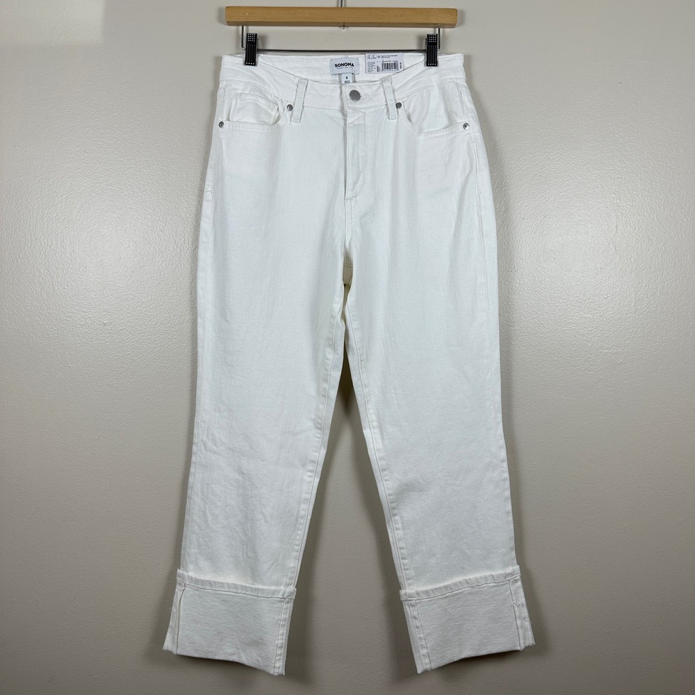 Sonoma Women's 8 High Rise Straight Jeans Vital White Wide Cuff‎ NWT